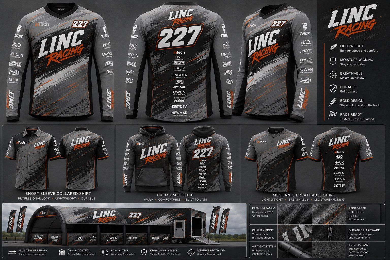 The LINC Racing apparel program — race jerseys, collared shirts, hoodies, and mechanic shirts.
