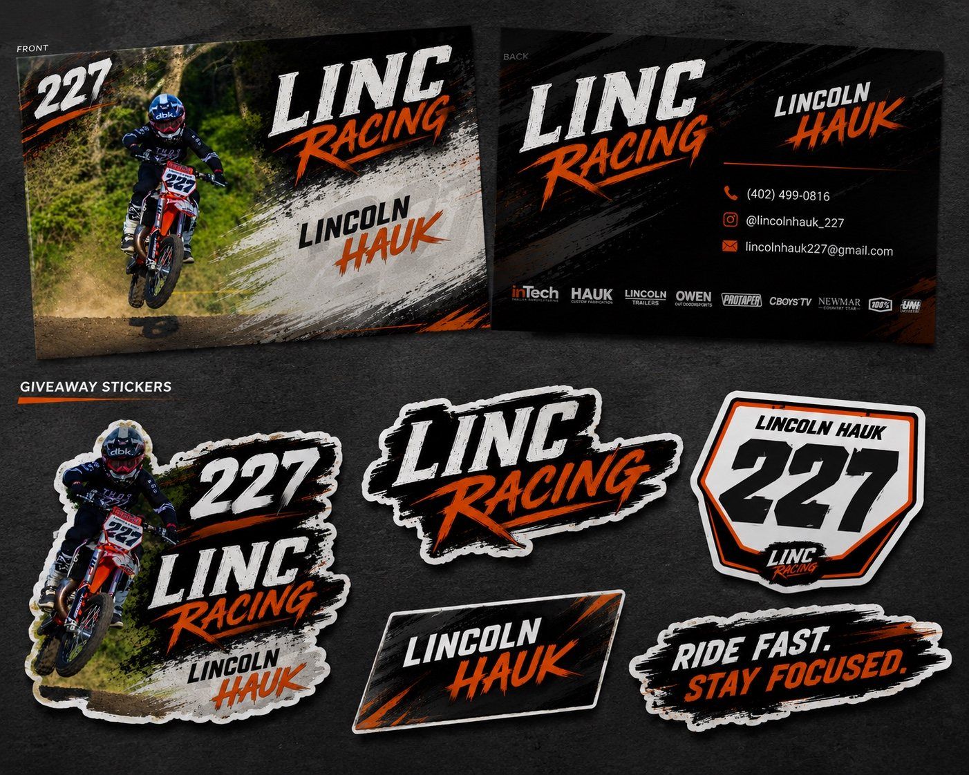 LINC Racing autograph cards and giveaway stickers featuring Lincoln Hauk, number 227.