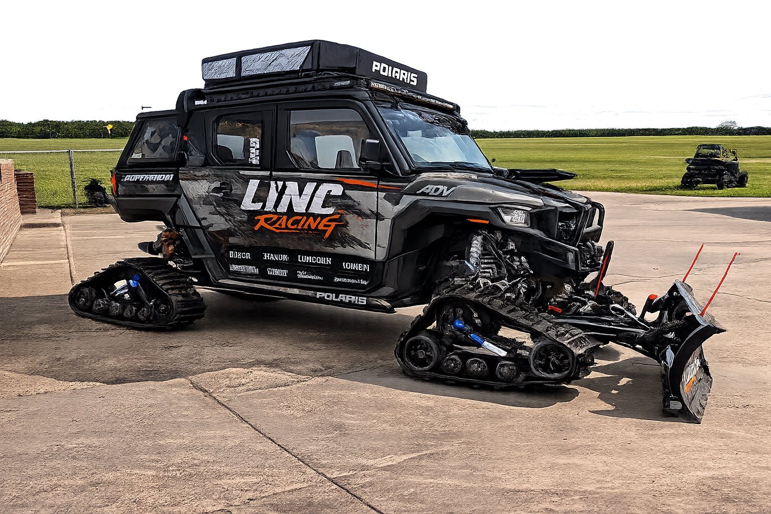 The Polaris fleet configured with snow tracks and a plow for winter operation.