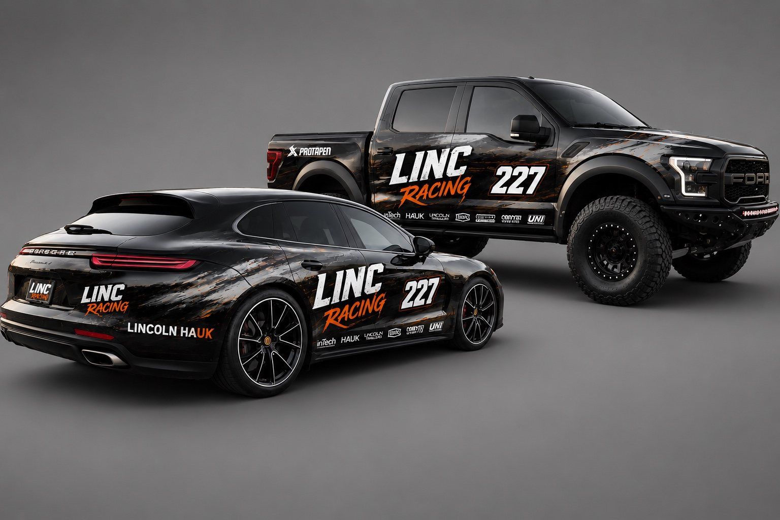 Concept brand extensions — a Porsche Panamera and Ford Raptor in the LINC Racing livery.